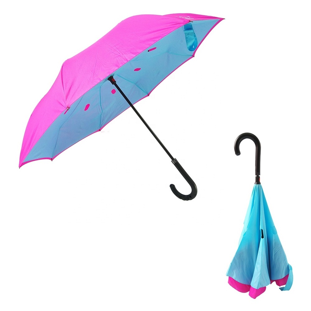 Inside Inverted Umbrella Colorful fabric matched design double canopy upside down Rain Proof reverse fold umbrella with C Handle