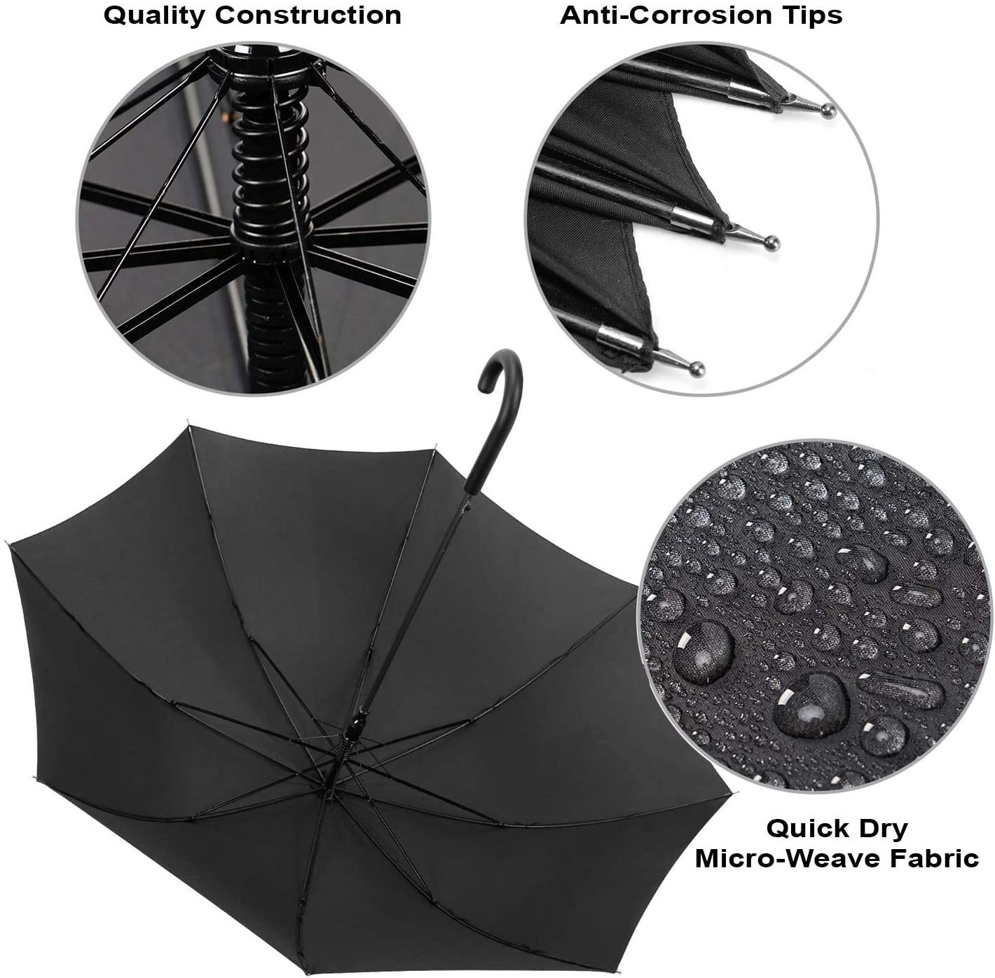 Pack of 12 Parties Events Stick Umbrellas Large Canopy Windproof Auto Open J Hook Handle in Bulk (Matte Black)