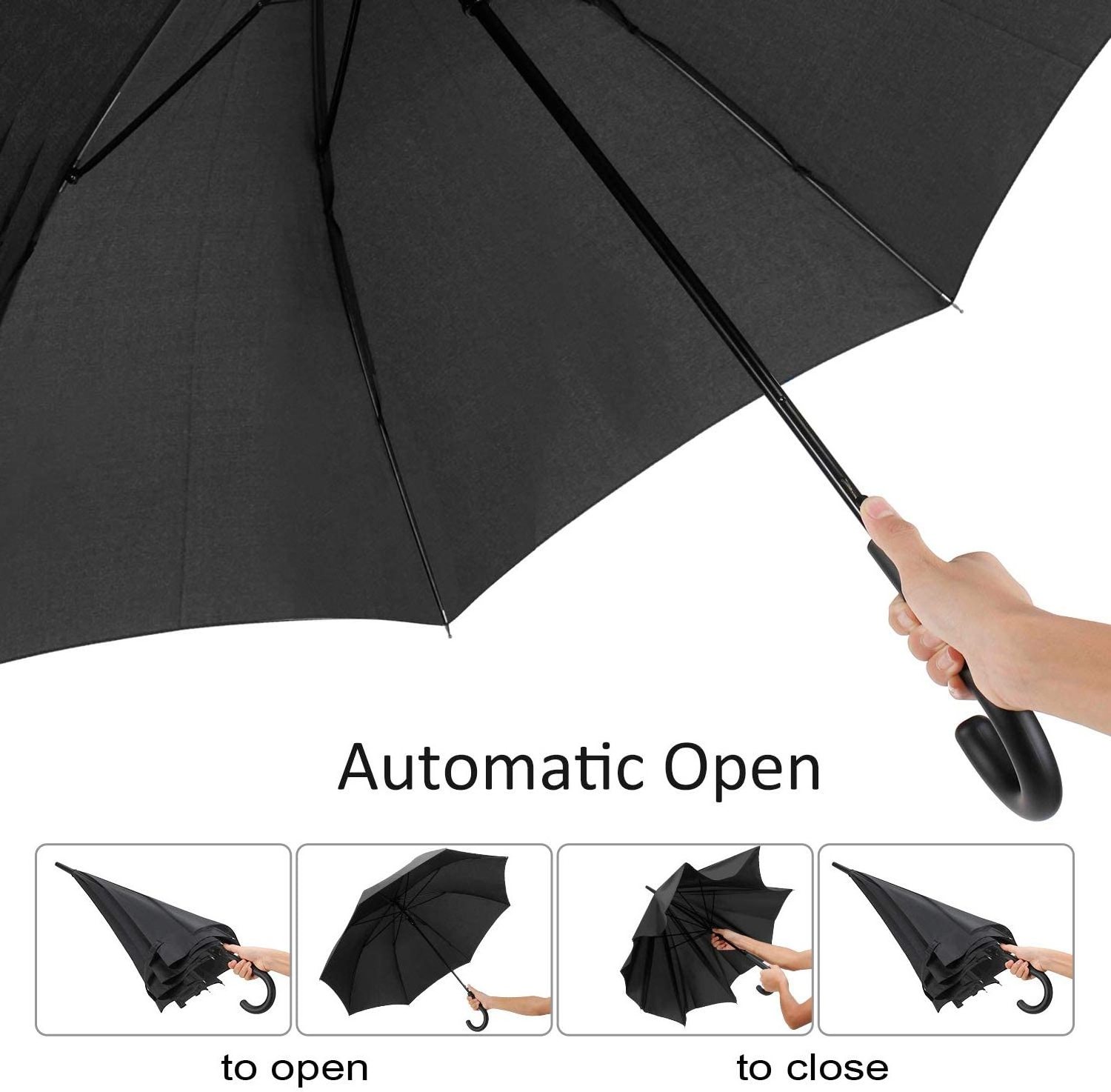 Pack of 12 Parties Events Stick Umbrellas Large Canopy Windproof Auto Open J Hook Handle in Bulk (Matte Black)