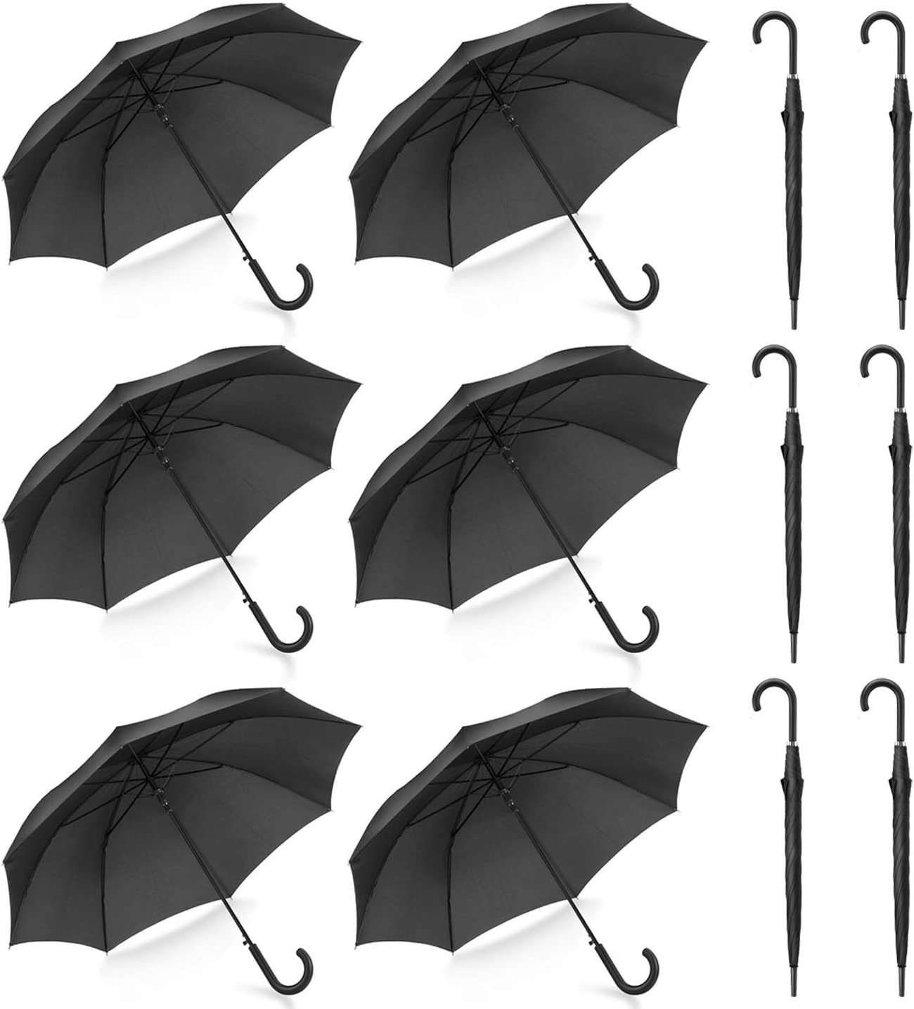 Pack of 12 Parties Events Stick Umbrellas Large Canopy Windproof Auto Open J Hook Handle in Bulk (Matte Black)