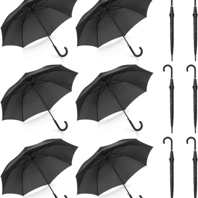 Pack of 12 Parties Events Stick Umbrellas Large Canopy Windproof Auto Open J Hook Handle in Bulk (Matte Black)