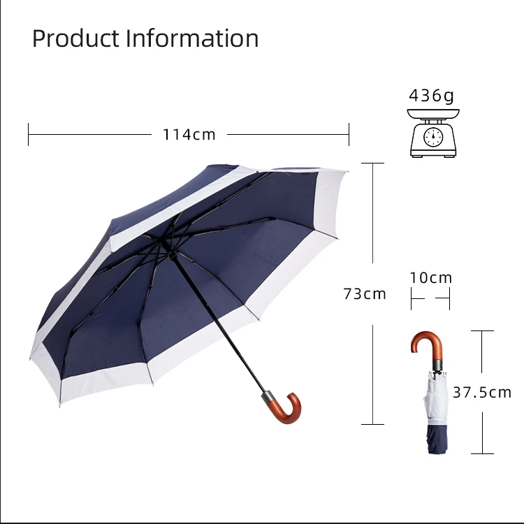 Wholesale Chinese Suppliers Offer Automatic 3-Fold umbrella wooden curved J handle compact Umbrella with Custom Logo Prints