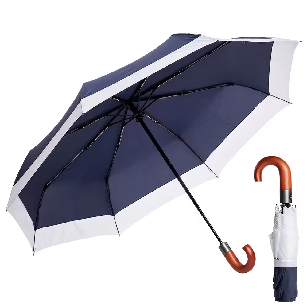 Wholesale Chinese Suppliers Offer Automatic 3-Fold umbrella wooden curved J handle compact Umbrella with Custom Logo Prints