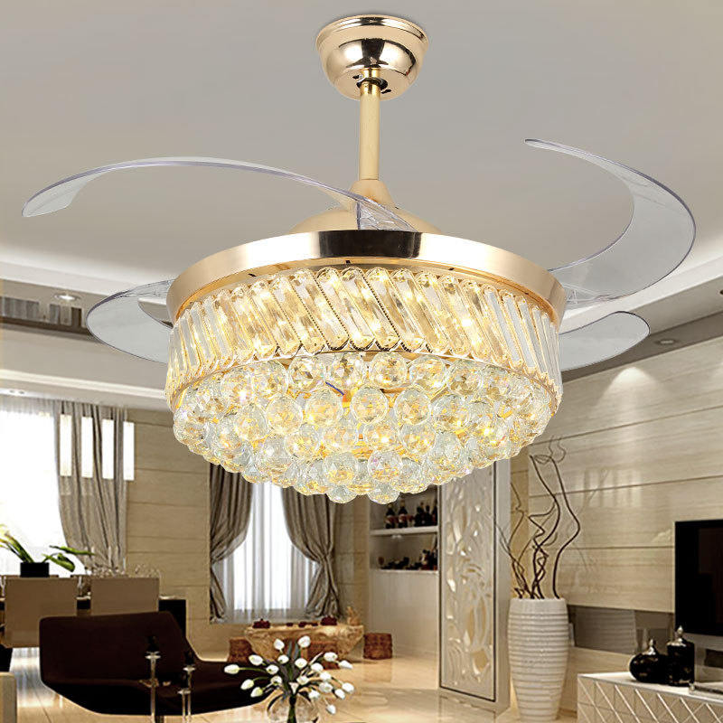 Gold 220V Decorative Modern With Remote Control LED Hidden Blades Crystal Ceiling Fan With Light kit