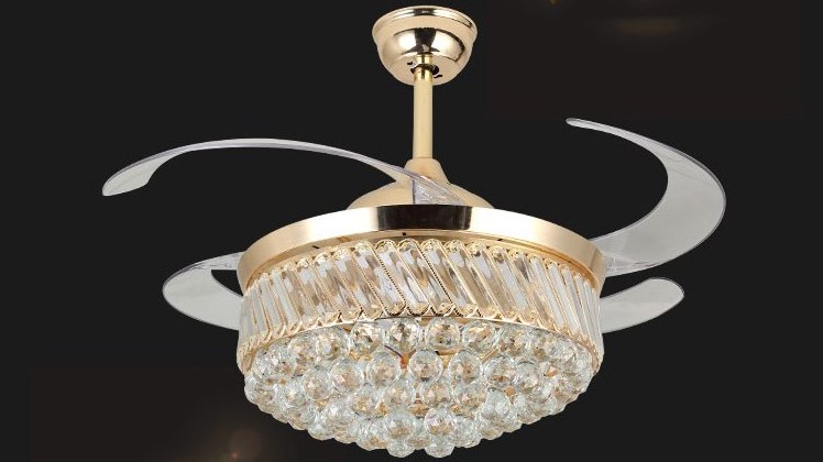 Gold 220V Decorative Modern With Remote Control LED Hidden Blades Crystal Ceiling Fan With Light kit