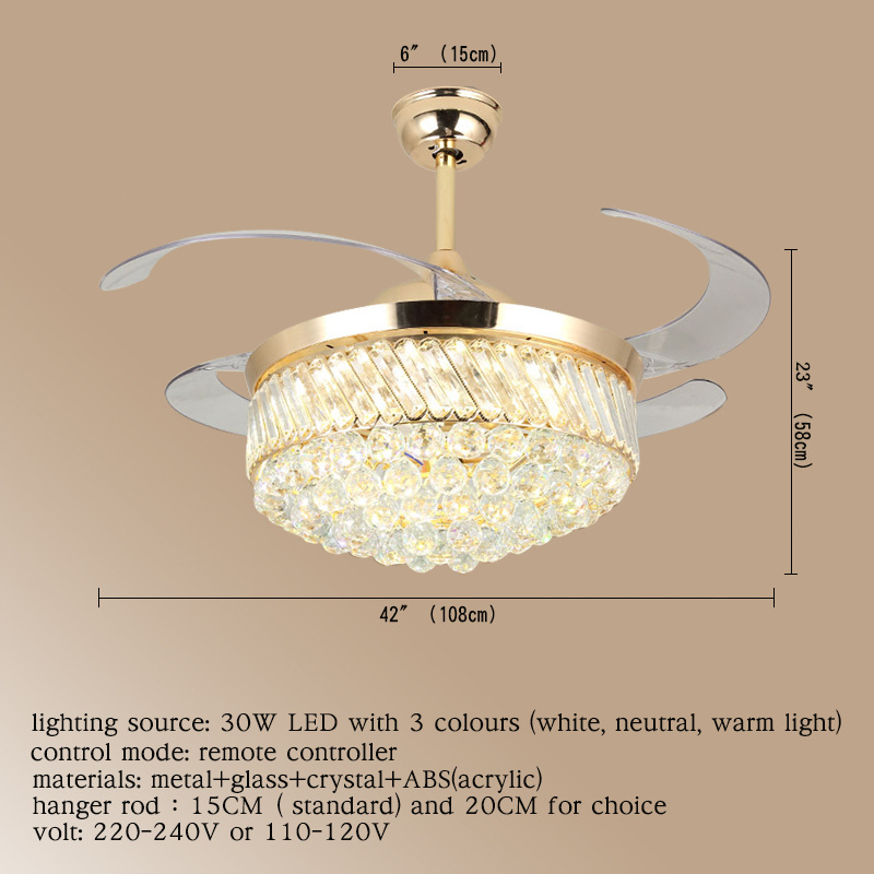 Gold 220V Decorative Modern With Remote Control LED Hidden Blades Crystal Ceiling Fan With Light kit