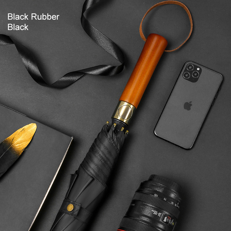 Modern Black Rubber Golf Umbrella with Folding Function Pongee Polyester and Straight Wooden Handle Customizable with Logo