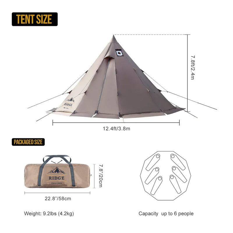 4~6 Person 4 Season Tipi for Family Camping Hunting Fishing Waterproof Wind-Proof Hot Tent with Stove Shelter