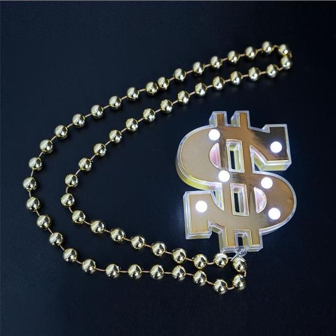 Led Dollar Sign Necklaces Gold Light up Chain Jewelry Mardi Gras Beads Led Bling on Necklace for Party