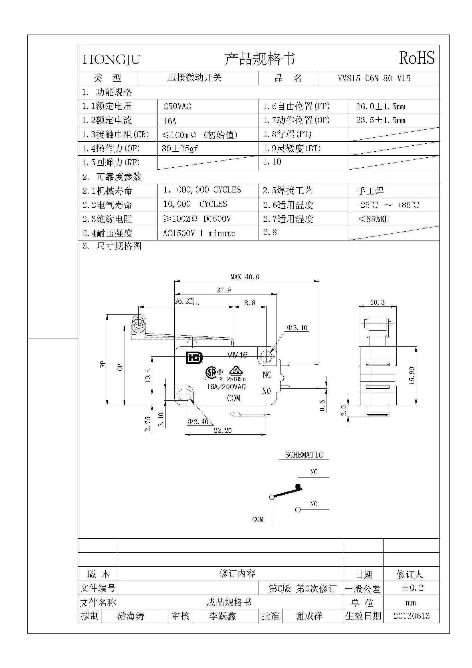 HONGJU Roller Lever Micro Switch With 16A 125VAC/10A 250VAC