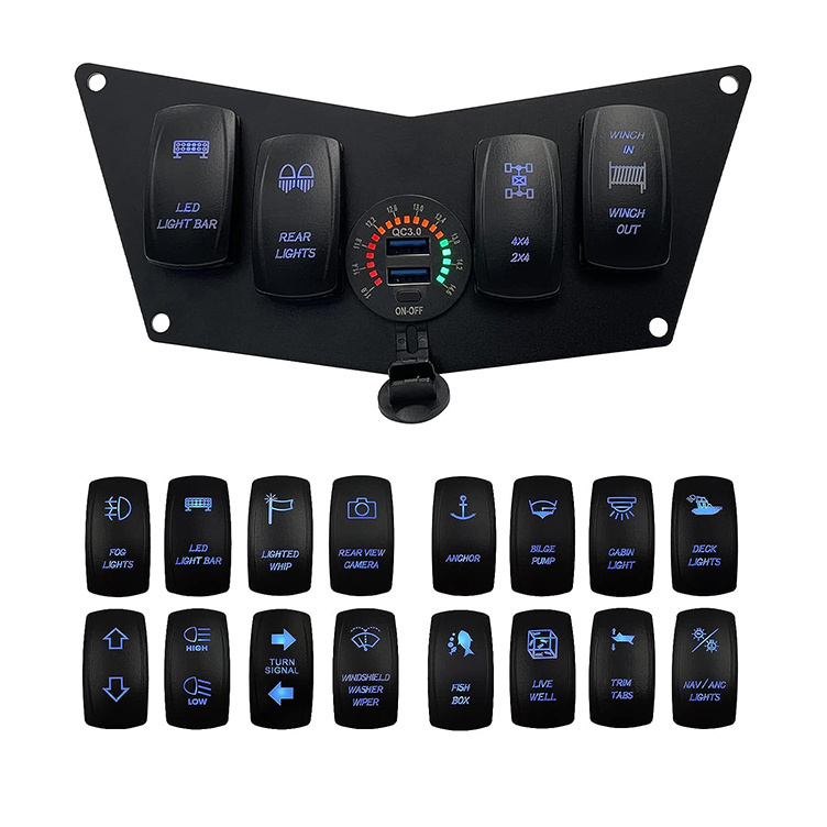 Custom make 4 Gang boat waterproof switch panel with Voltmeter Dual USB Socket Black Dash Panel for Polaris car boat marine