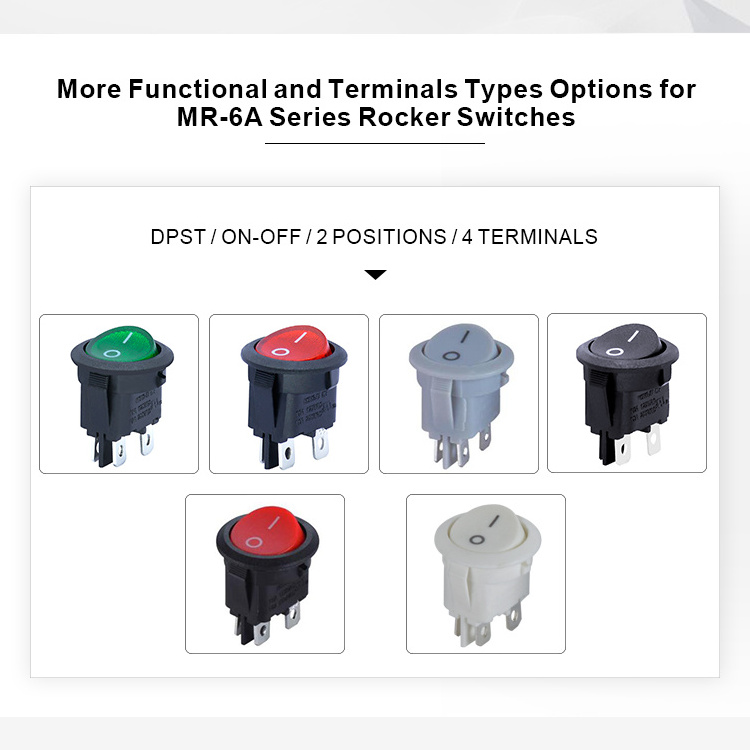 Custom Case Color DPST 4 Terminals Switch With Green Light Auto AC Round Rocker Switch Panel for Power Supply