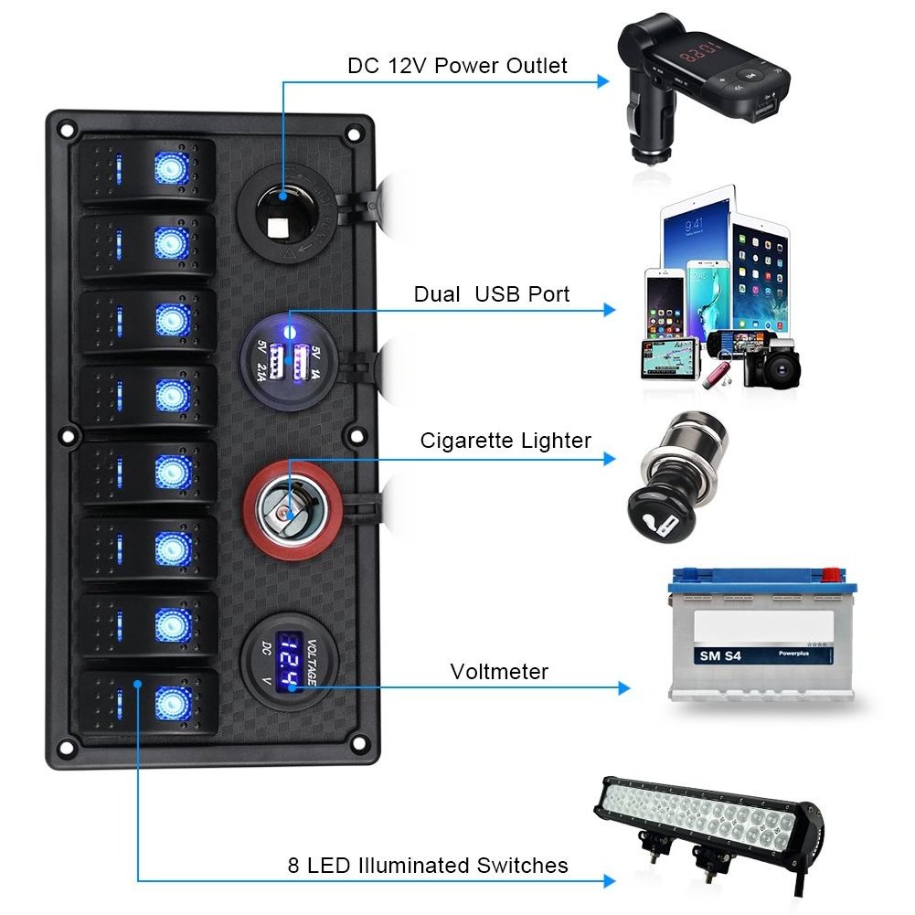 Marine Switch Panel Waterproof  8 gang switch panel USB Charger Voltmeter 12v ON/Off Switch Panel Boat Electrical