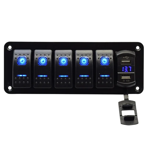 12V-24V  Charger Volt Gauge  5 Gang ON-Off Aluminum Blue Led light  Pre-wire Switch Panel