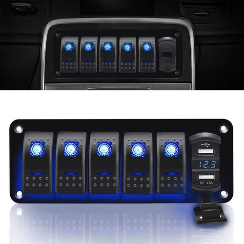 12V-24V  Charger Volt Gauge  5 Gang ON-Off Aluminum Blue Led light  Pre-wire Switch Panel