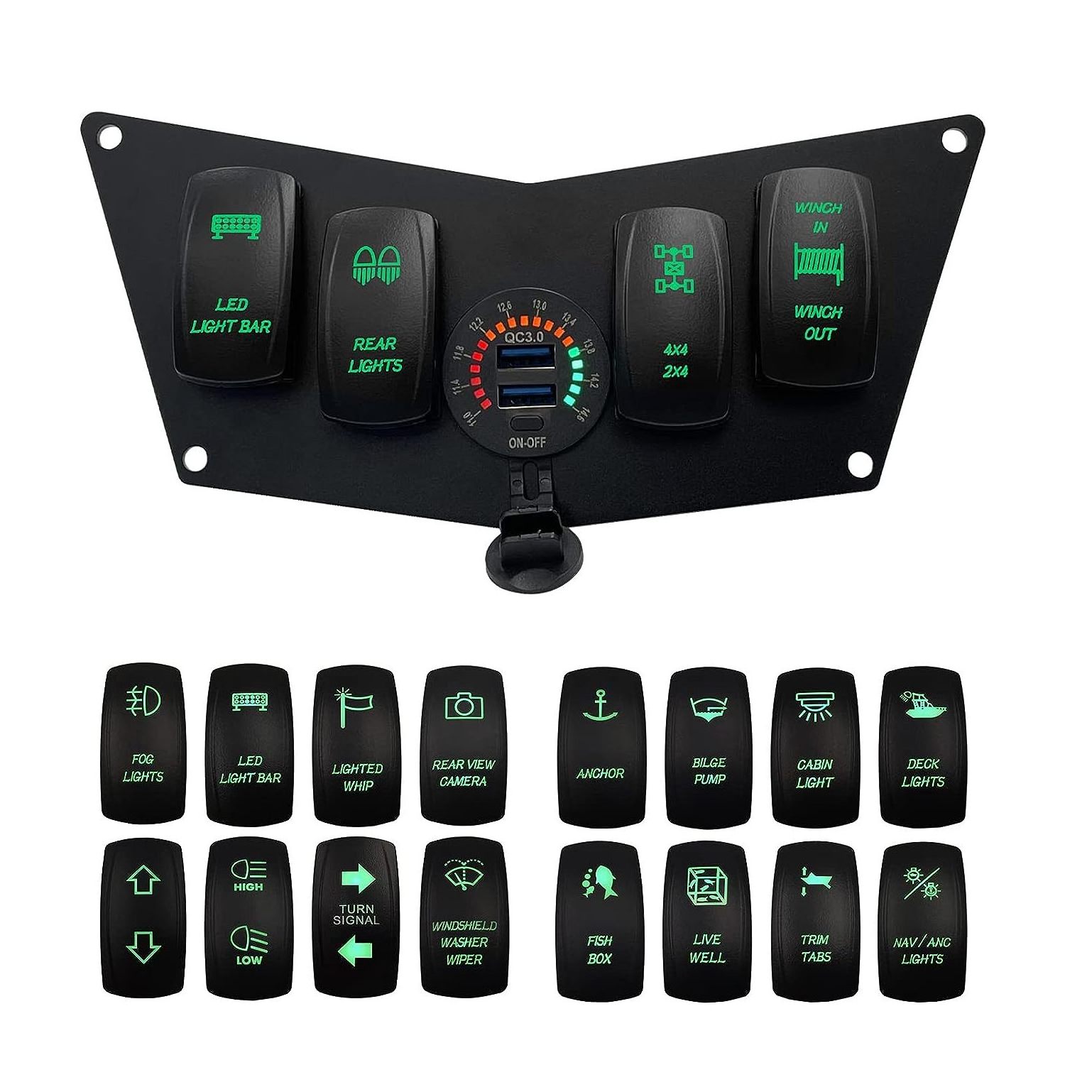 Custom make 4 Gang boat waterproof switch panel with Voltmeter Dual USB Socket Black Dash Panel for Polaris car boat marine