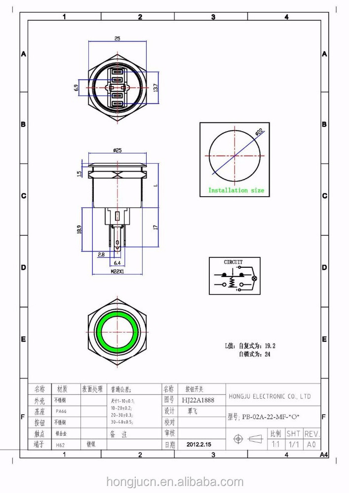 PB-02A-22-MF-BOG 22mm Green LED Illuminated Momentary Stainless Steel Metal Push Button