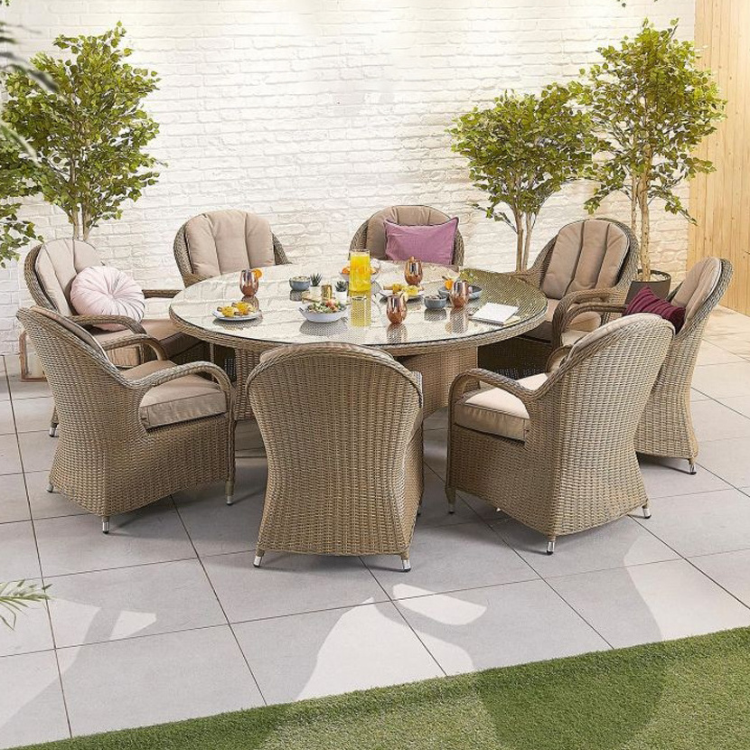 Outdoor garden furniture aluminum frame PE rattan woven patio table with fire pit rattan dining table