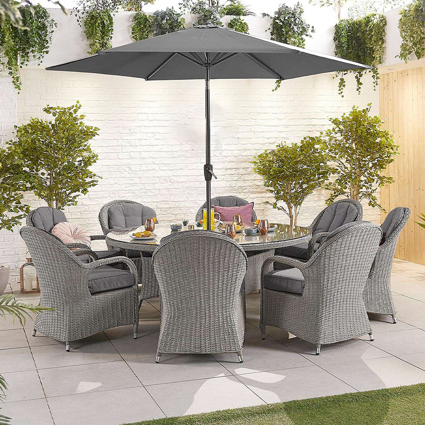 Outdoor garden furniture aluminum frame PE rattan woven patio table with fire pit rattan dining table