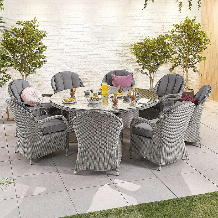 Outdoor garden furniture aluminum frame PE rattan woven patio table with fire pit rattan dining table