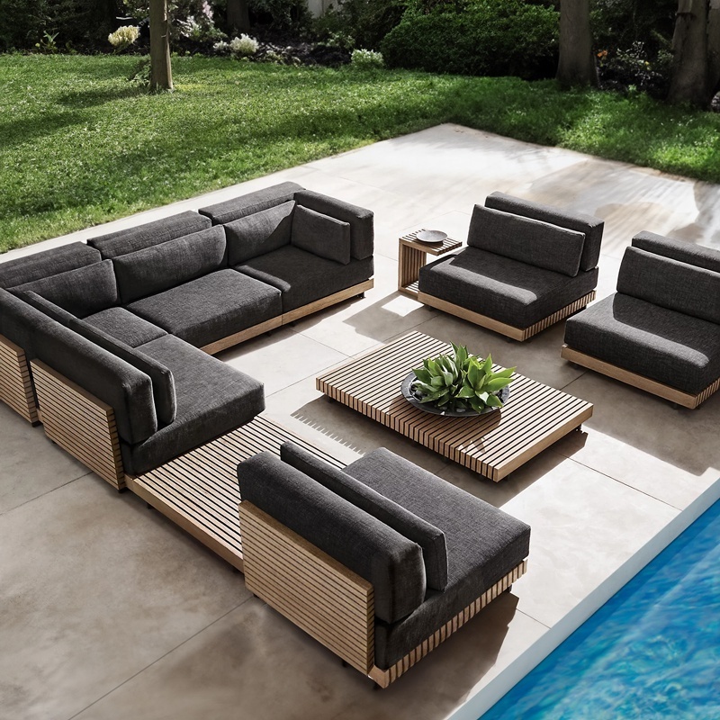 All-weather outdoor furniture villa wooden teak sofa set private garden sofa hotel outdoor patio teak sofa