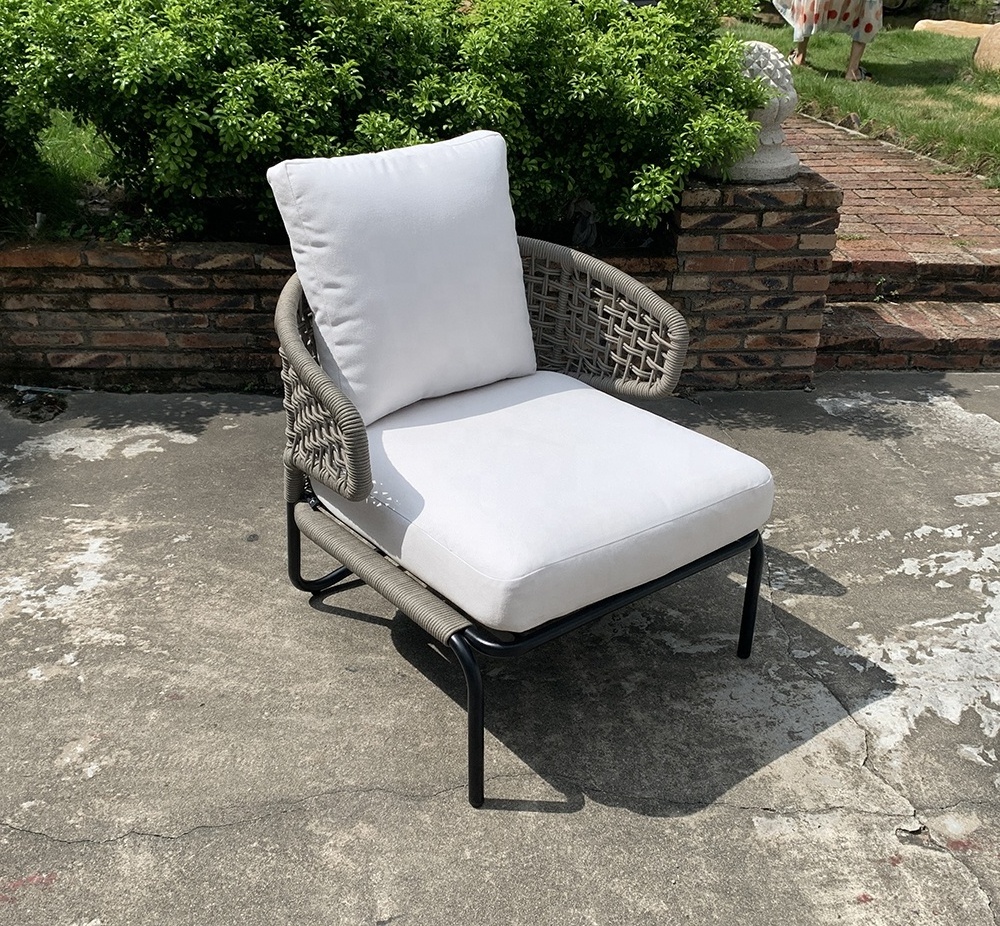 Modern aluminum rope leisure chair outdoor armchair hotel project single sofa with ottoman rope garden chair