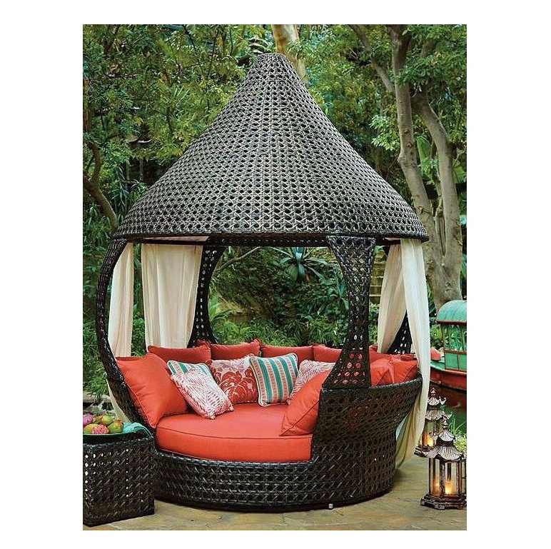 Rattan outdoor daybed wicker furniture patio chaise lounge outdoor sunbed with rattan covered and canopy beach lounge