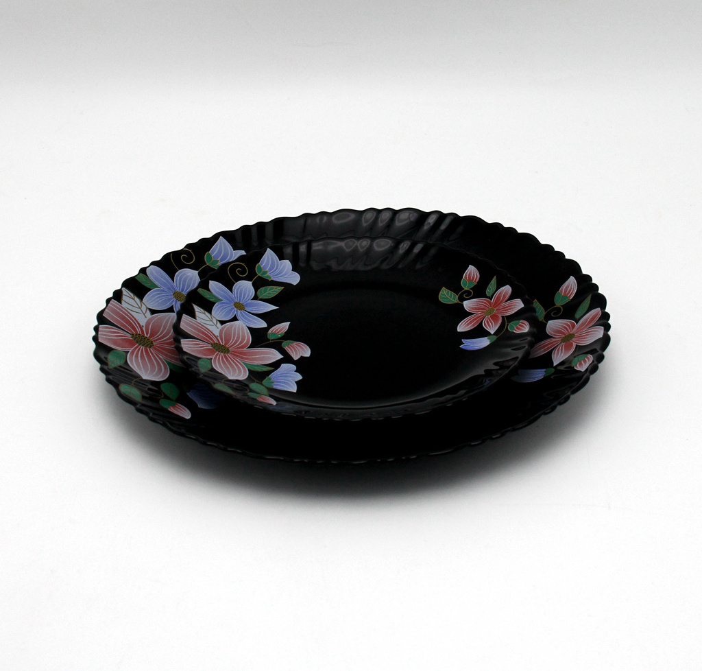 Opal glassware  heat resistant  round shape black color 7.5 inch dessert  plate opal flat plate