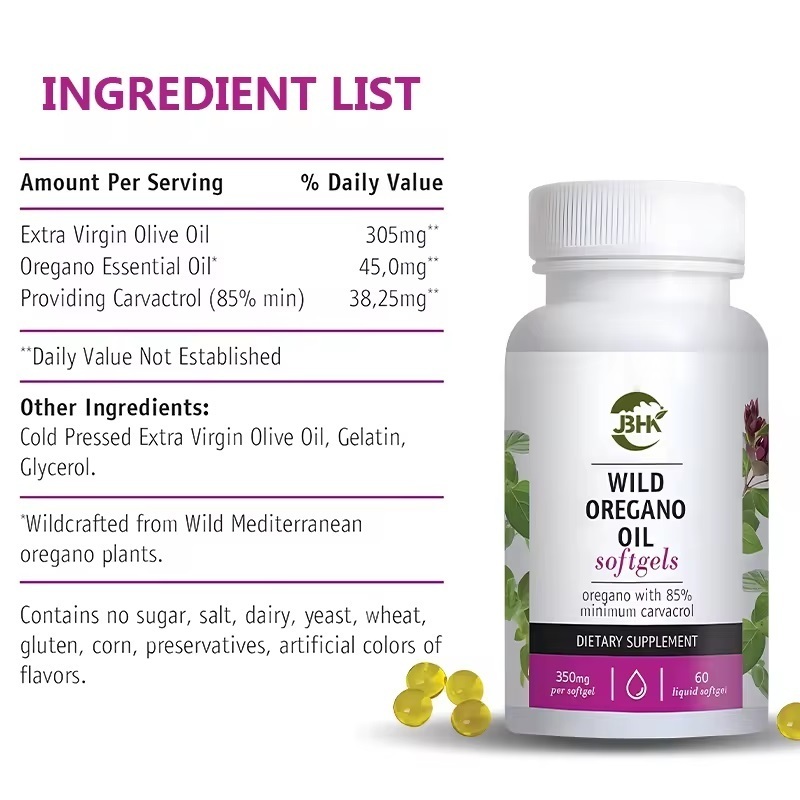 Wild Oregano Oil Softgels Capsules.  High Carvacrol and Quality dietary supplement capsules