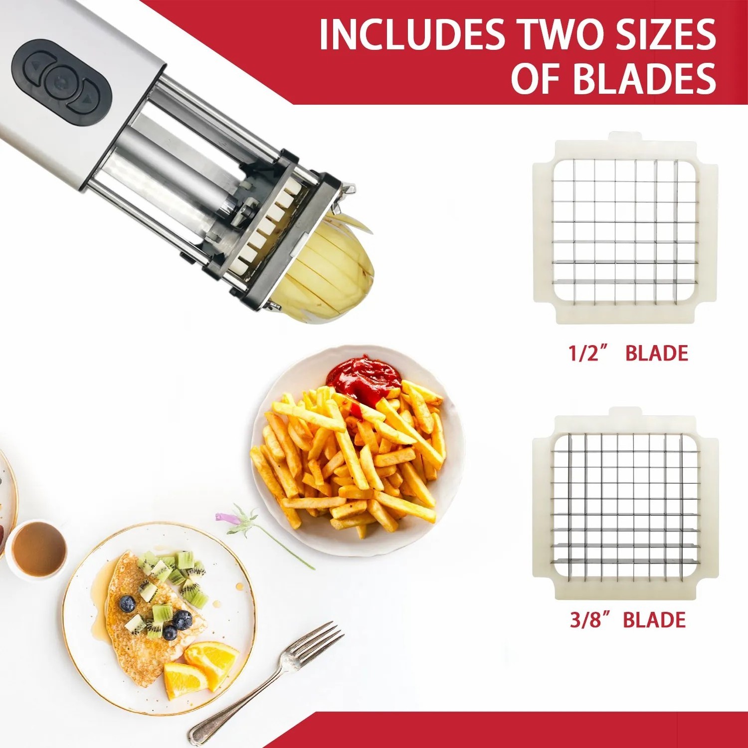 Wholesale Kitchen Electric Automatic Potato Chips Cutter Blade Stainless Steel French Fry Cutter With 2 Blades 1/2 Inch 3/8 Inch