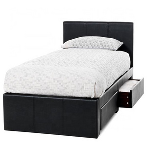 luxury Italian design single twin 3ft size wooden frame  black color faux soft leather PU bed with 2 storage drawers