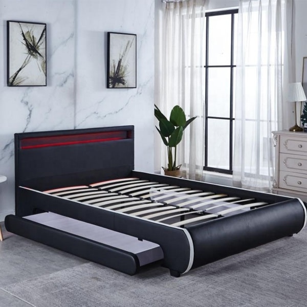 Platform design tufted headboard PU leather/linen fabric and sponge stylish bed upholstered two big  drawers double bed with LED