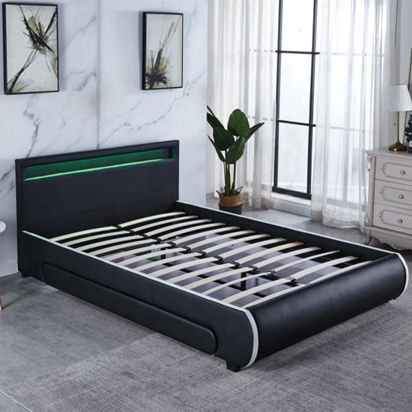 Platform design tufted headboard PU leather/linen fabric and sponge stylish bed upholstered two big  drawers double bed with LED