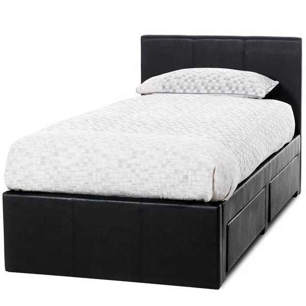 luxury Italian design single twin 3ft size wooden frame  black color faux soft leather PU bed with 2 storage drawers