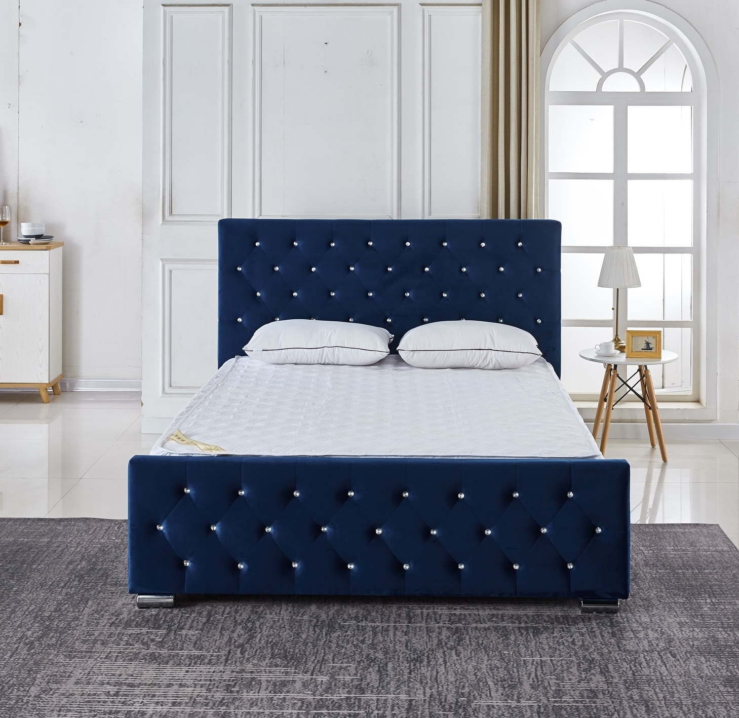 Hot sale European style crystal button headboard blue velvet fabric function Upholstered bed queen bed frame