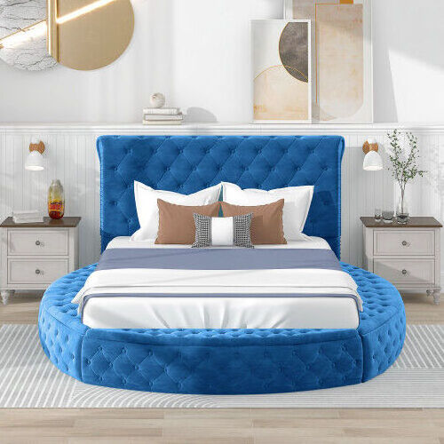 Light luxury modern queen or full size round bed frame storage platform bed blue double bed