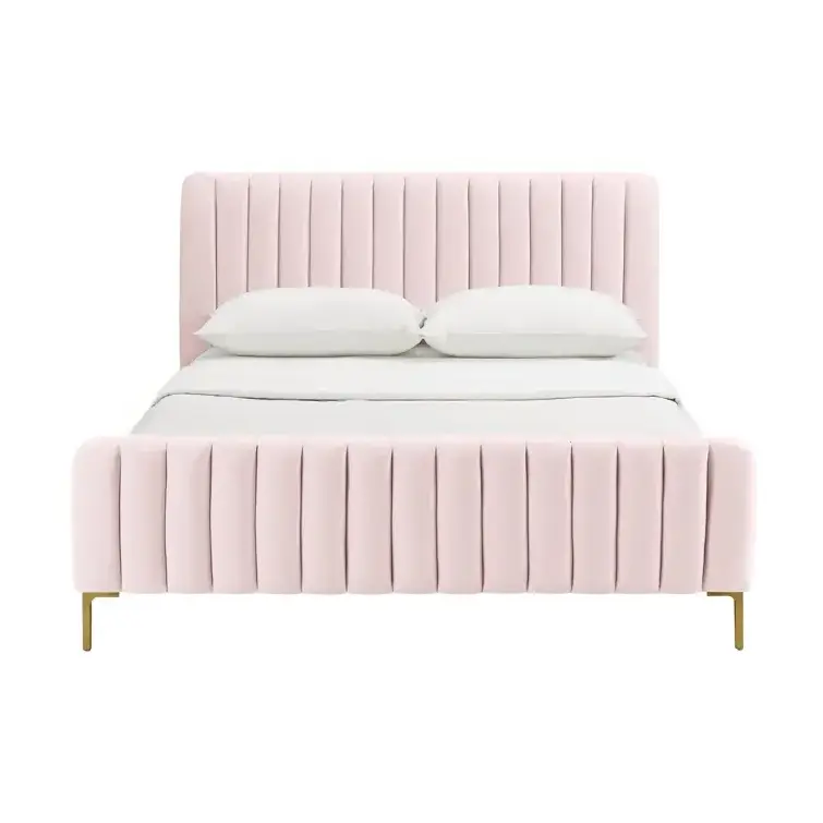 Round Headboard Pink Fabric Upholster Bedroom Furniture Princess Queen King Size Wooden Bed Frame with Golden Leg