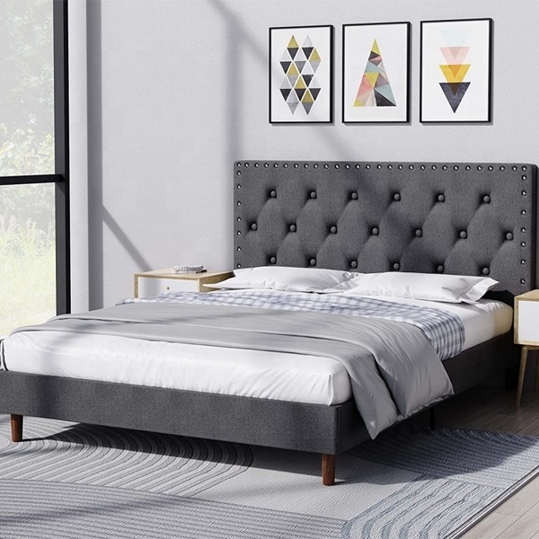 Button Tufted  with Adjustable Headboard, and Modern Riveted Decoration, Wood Slat Support, Velvet Upholstered Platform Bed