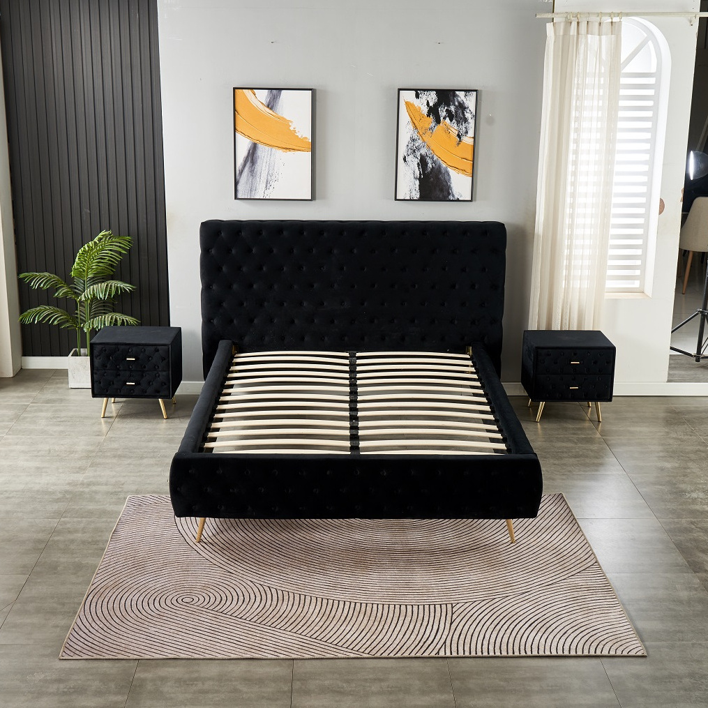 Modern bedroom furniture luxury black double bed hollow buttons tufted beauty bed queen king size bed frame