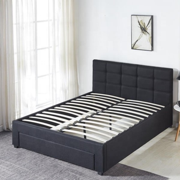 modern black wooden frame  curved soft turfed headboard  upholstery fabric  bed  with one under the bed storage drawer