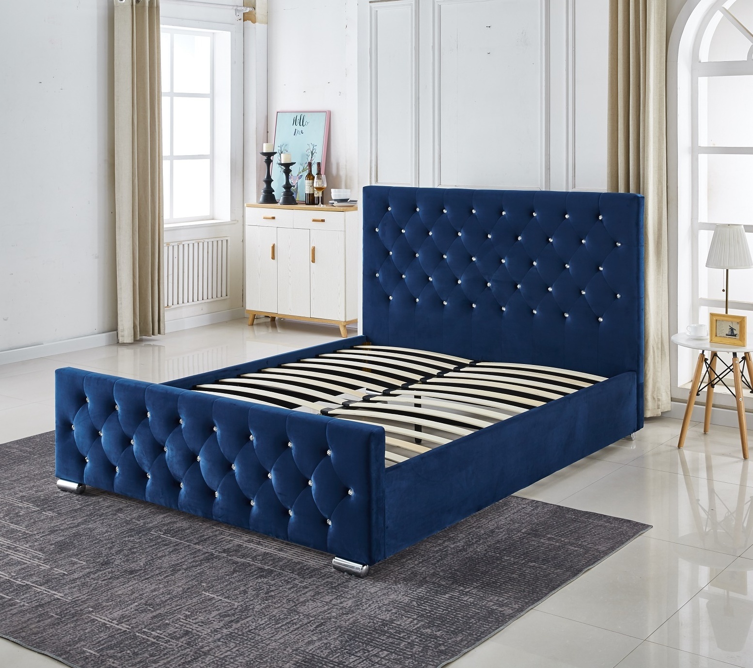 Hot sale European style crystal button headboard blue velvet fabric function Upholstered bed queen bed frame