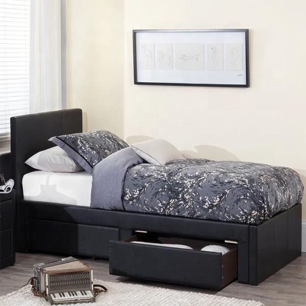 luxury Italian design single twin 3ft size wooden frame  black color faux soft leather PU bed with 2 storage drawers