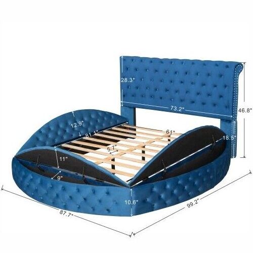 Light luxury modern queen or full size round bed frame storage platform bed blue double bed