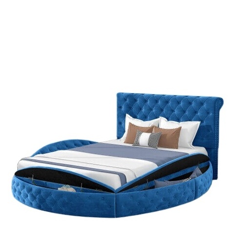 Light luxury modern queen or full size round bed frame storage platform bed blue double bed