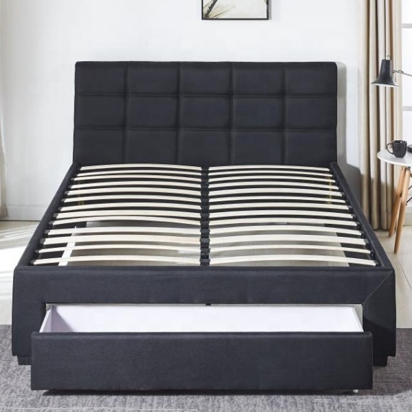 modern black wooden frame  curved soft turfed headboard  upholstery fabric  bed  with one under the bed storage drawer