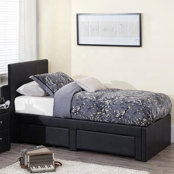 luxury Italian design single twin 3ft size wooden frame  black color faux soft leather PU bed with 2 storage drawers