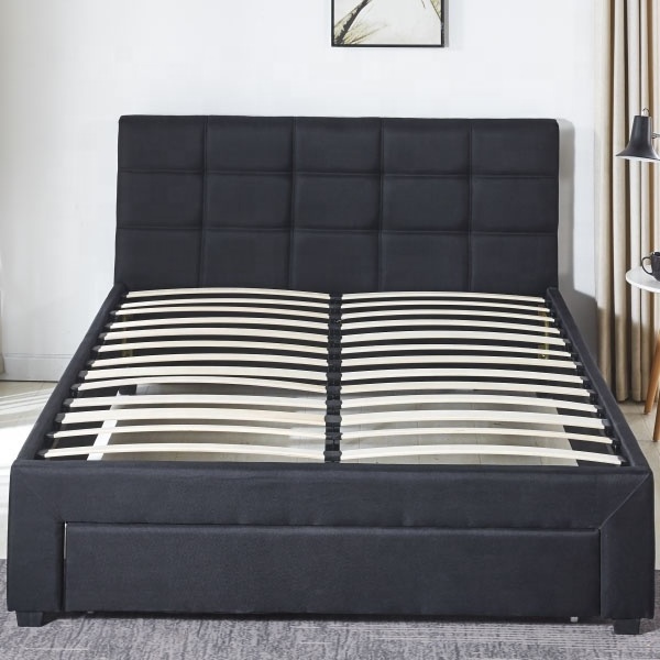 modern black wooden frame  curved soft turfed headboard  upholstery fabric  bed  with one under the bed storage drawer