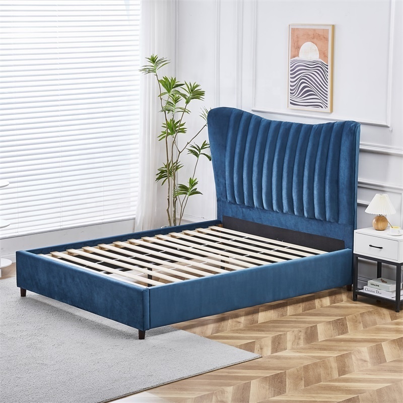 Bedroom Furniture Bed velvet fabric up-holstered beds Double King size bed frame with High Padding headboard