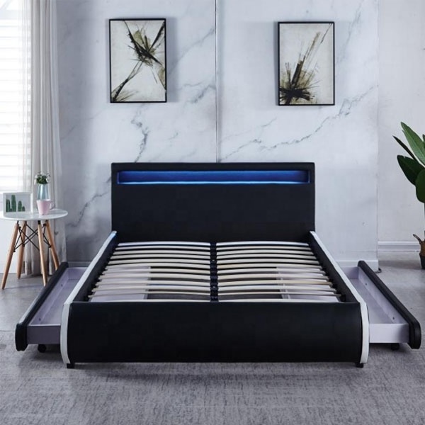 Platform design tufted headboard PU leather/linen fabric and sponge stylish bed upholstered two big  drawers double bed with LED