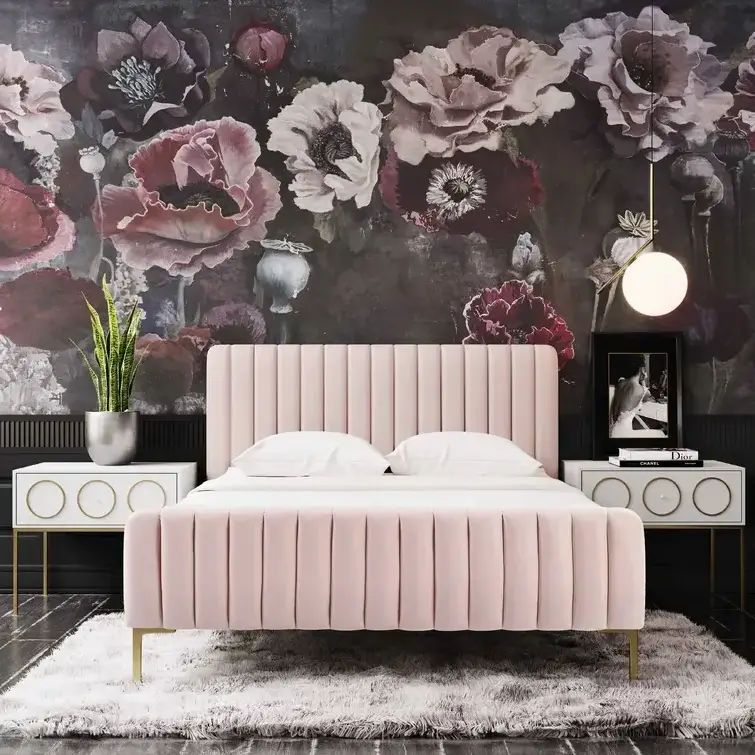 Round Headboard Pink Fabric Upholster Bedroom Furniture Princess Queen King Size Wooden Bed Frame with Golden Leg